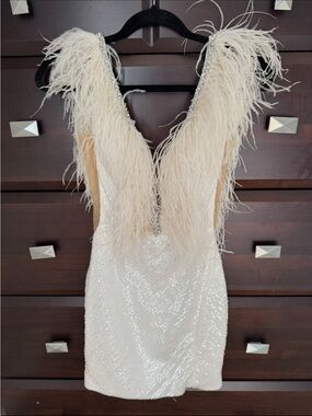 Ivory Sequin Mini Dress with Feather Trim.. Worn once!